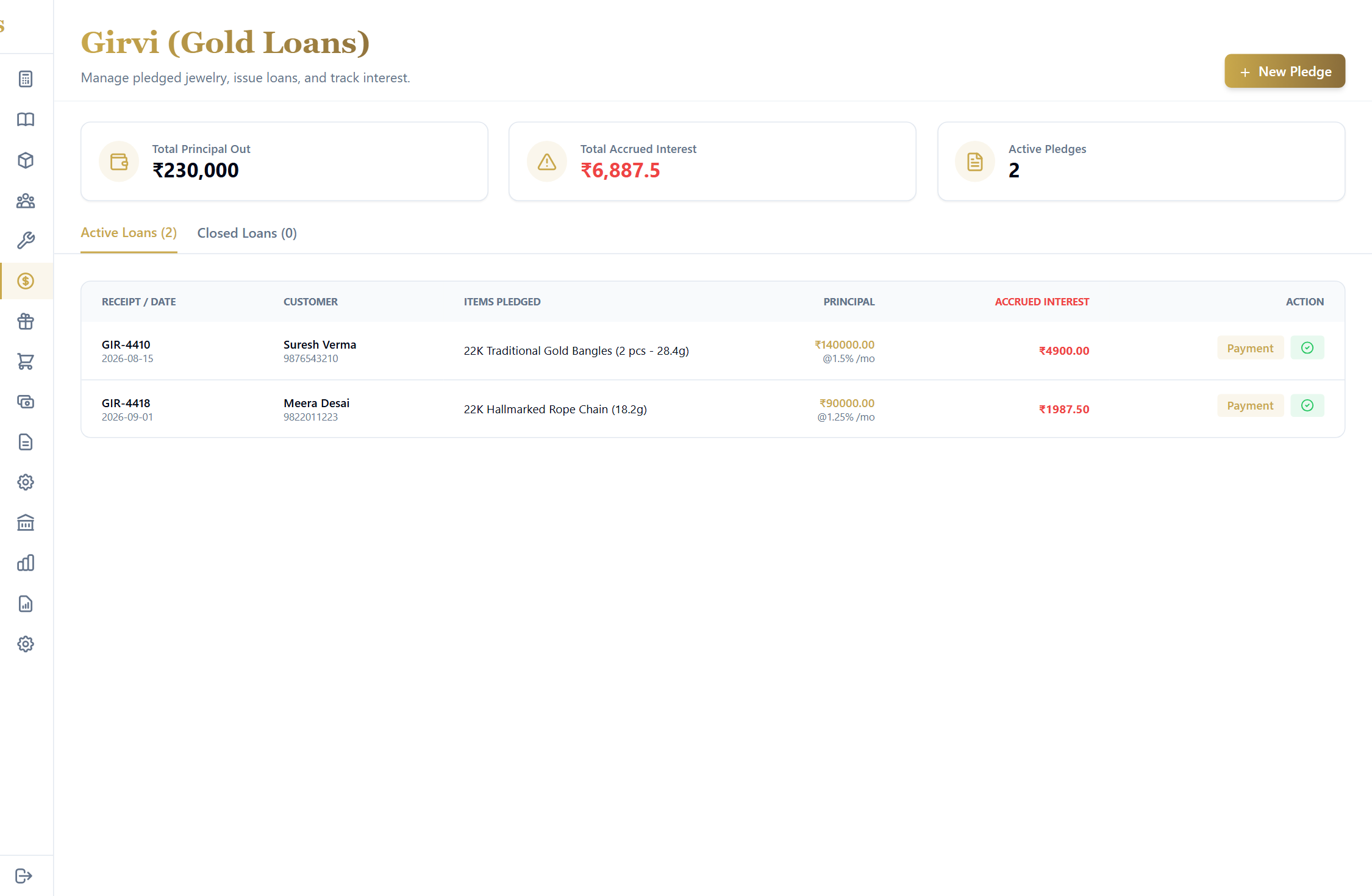 Girvi Pawn Loan Ledger & Interest Calculator in Suditya Software