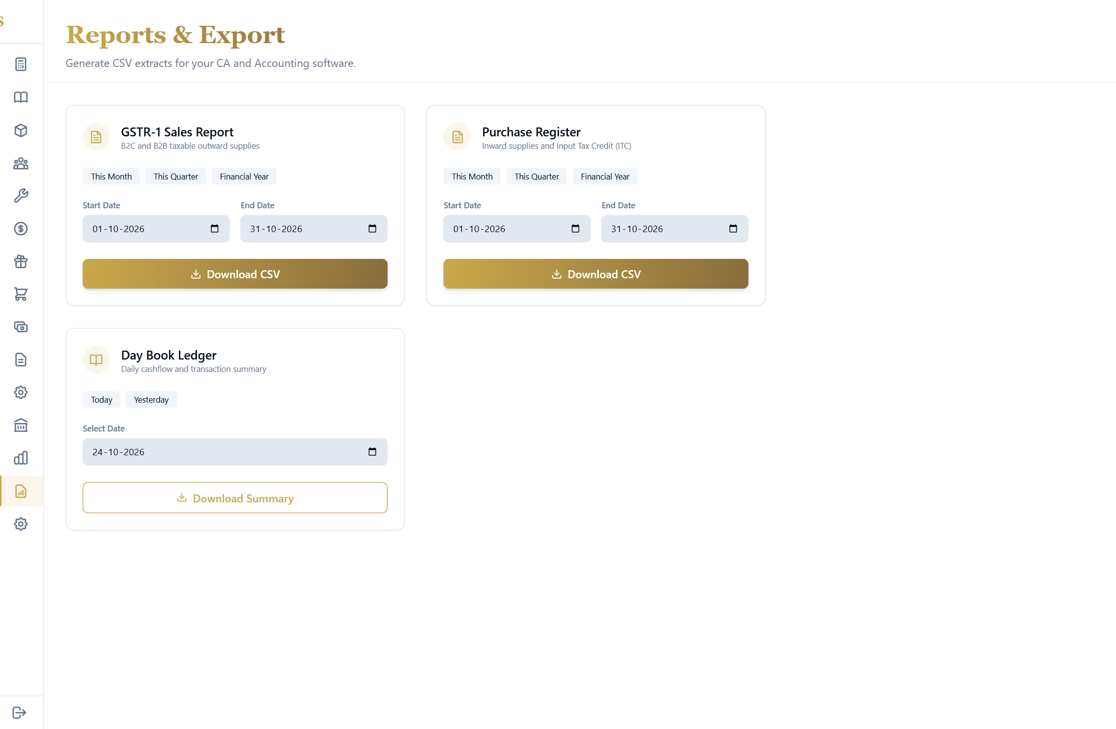 GSTR-1 Tax Reports & Day Book in Suditya Software
